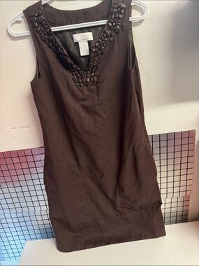 Joie Brown Sleeveless V-Neck Embellished Shift Dress
